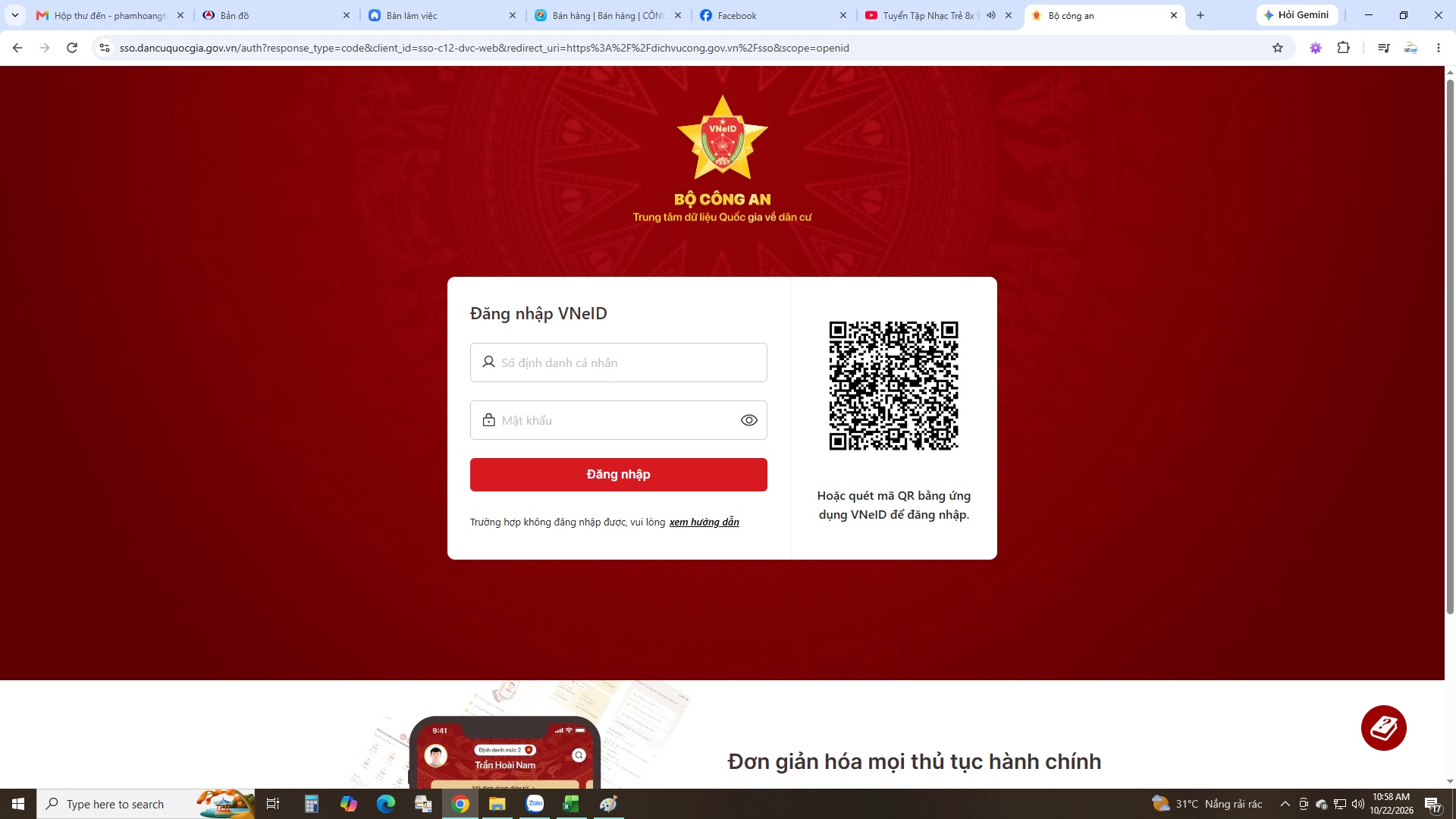 Đăng nhập dịch vụ công từ Vneid
